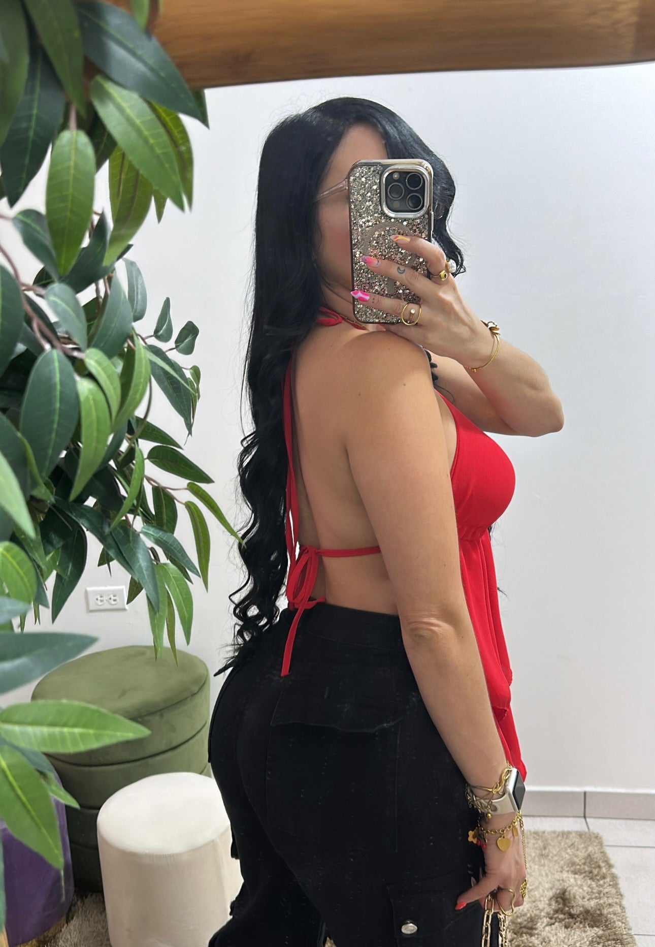 Open back red top