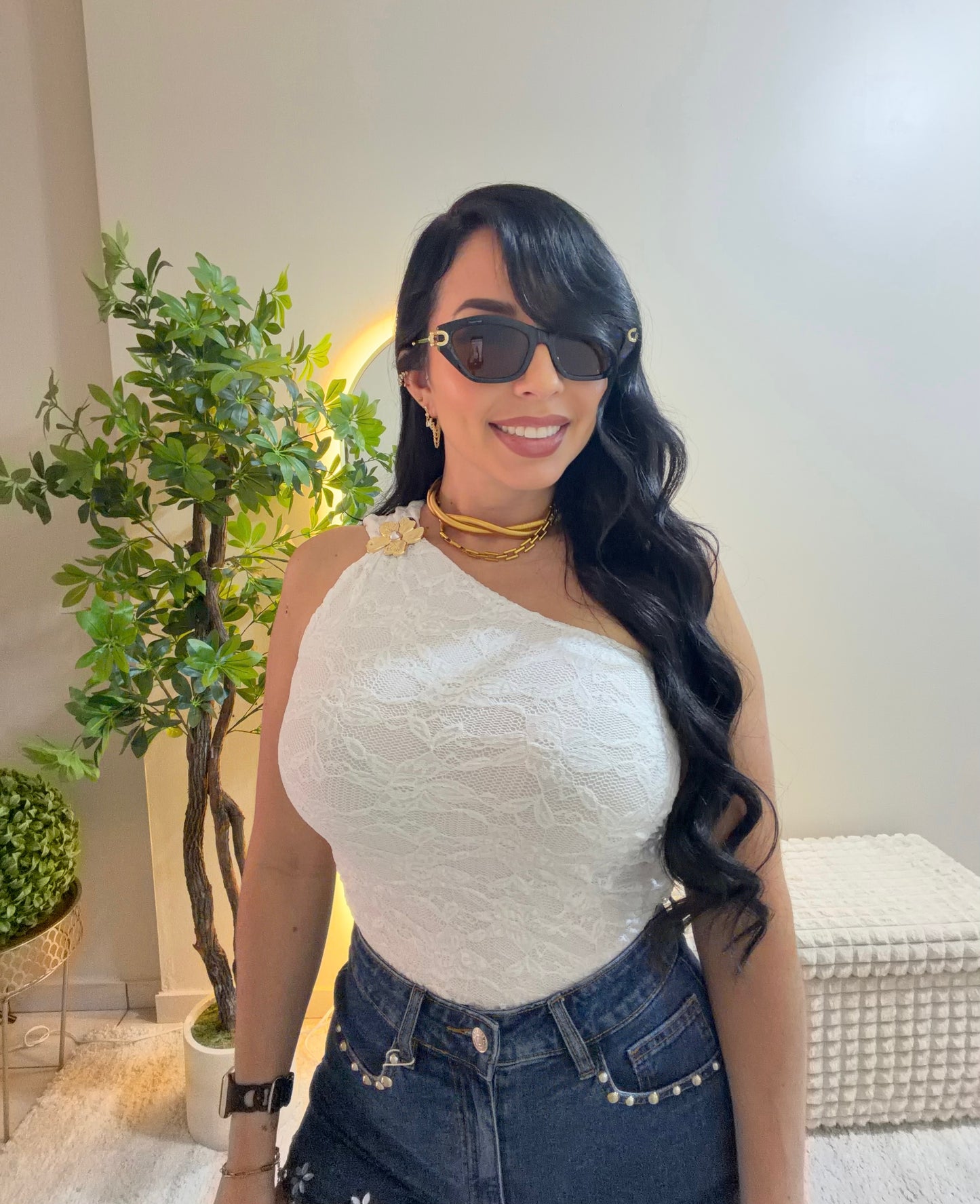 One shoulder White Lace Top