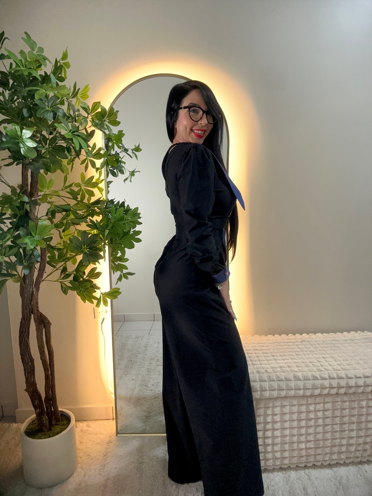 Denim Detail Black Jumpsuit