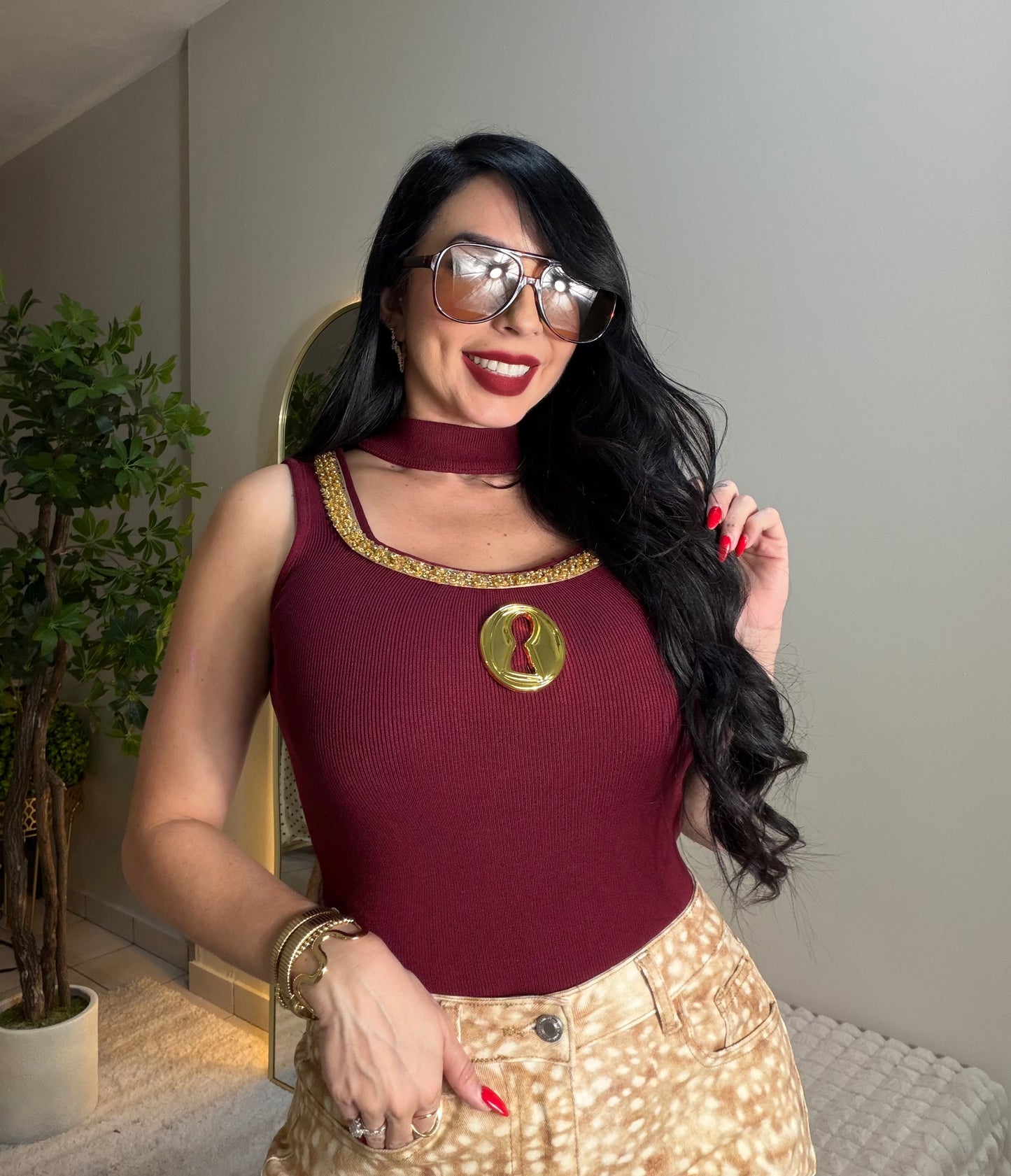 Burgundy & Gold Details Tops
