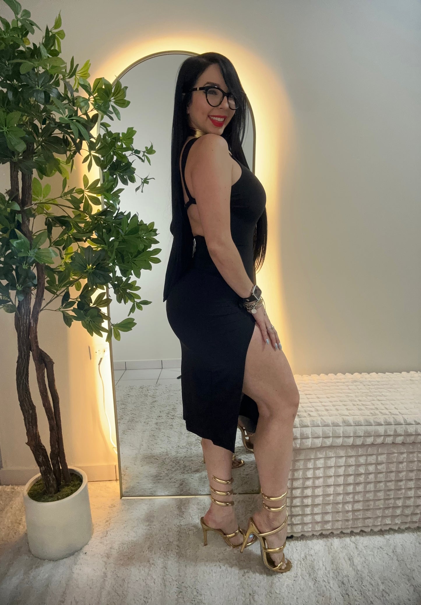 Midi details gold Black Dress