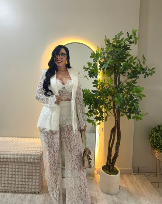 Restock 3 Pieces Lace White Blazer Set