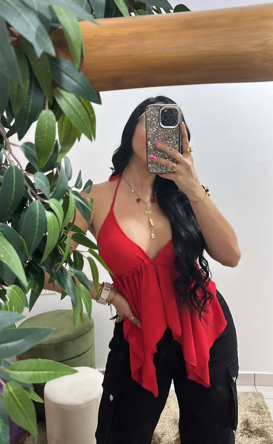 Open back red top