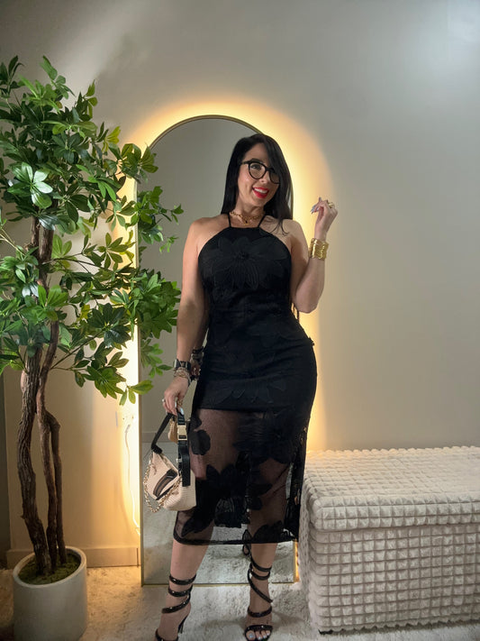 Flowers Lace Black Dress