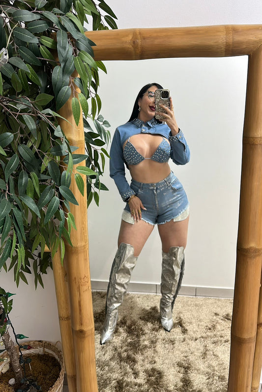 Rhinstones & Metalic Denim Short