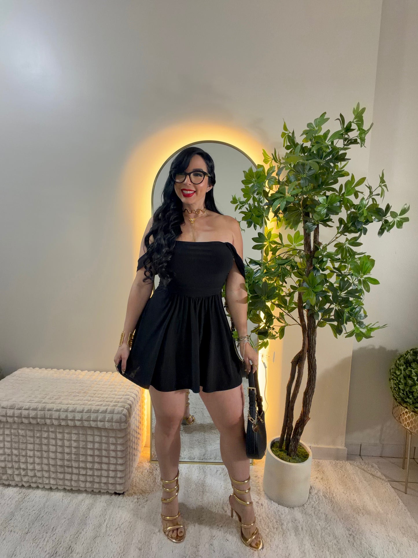 Off Shoulder Black Romper Dress