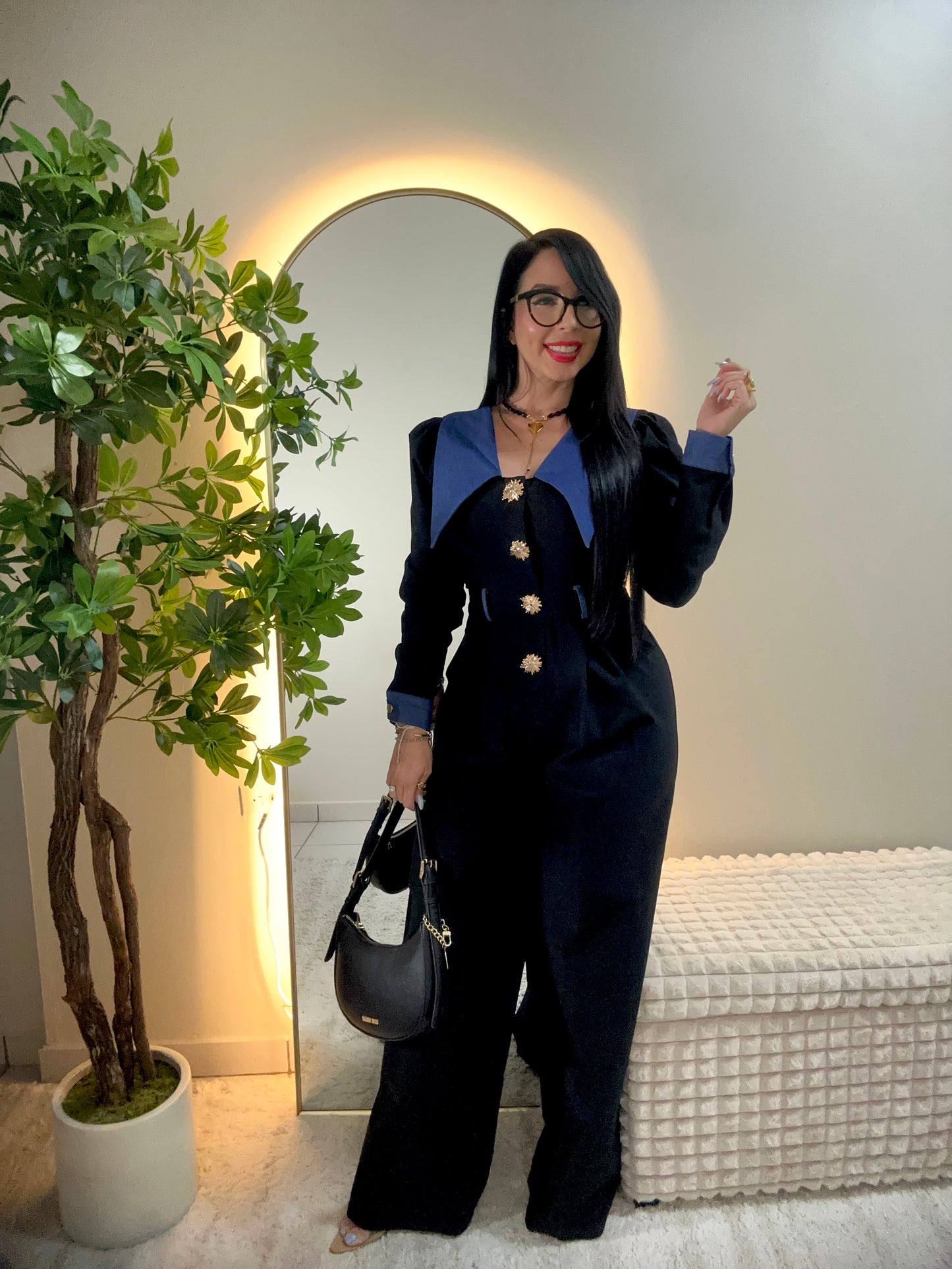 Denim Detail Black Jumpsuit