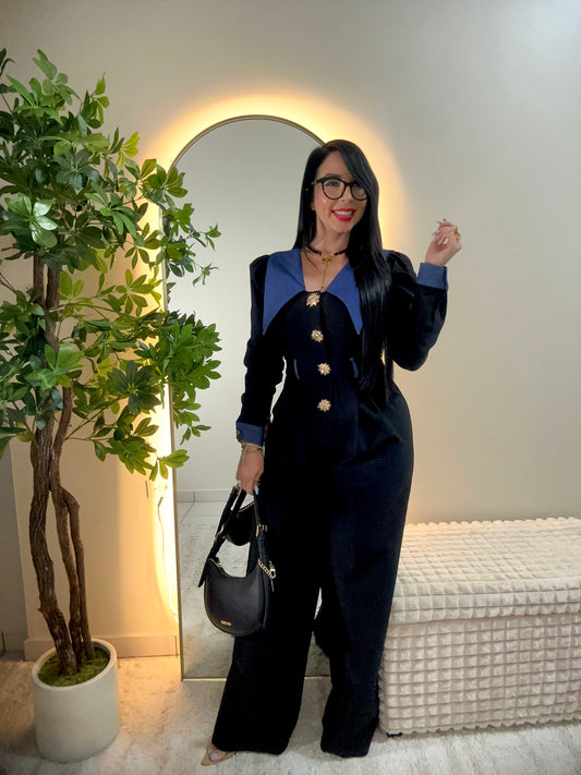 Denim Detail Black Jumpsuit