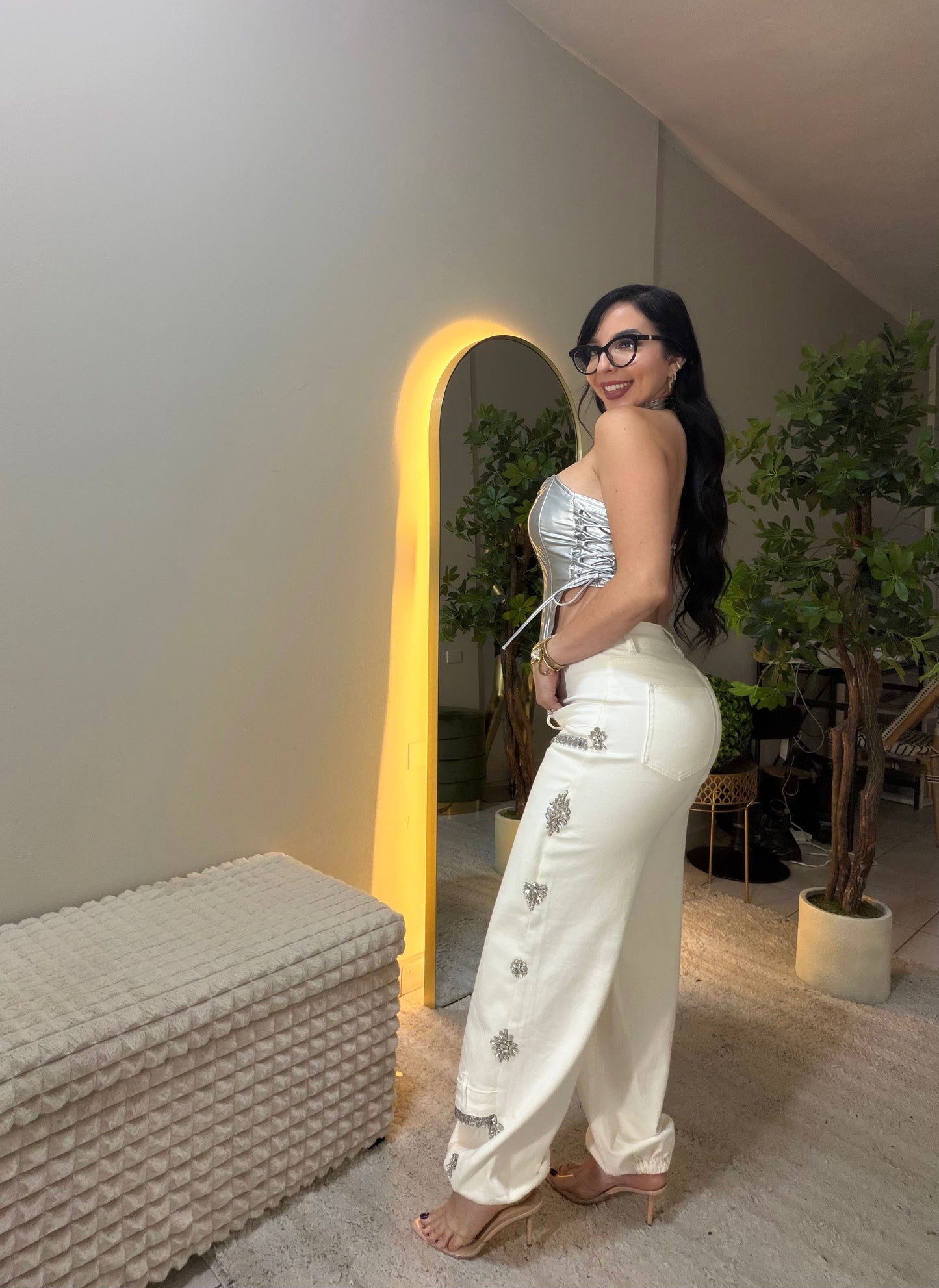 Asymmetric Rhinestones White Pant