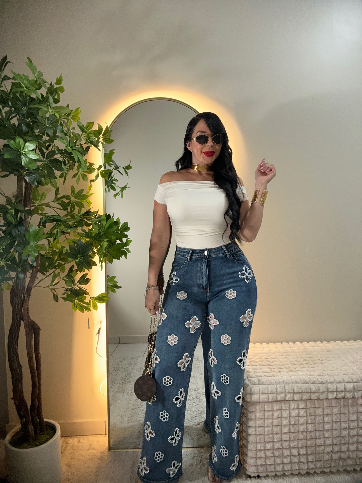 Perls Flowers Denim